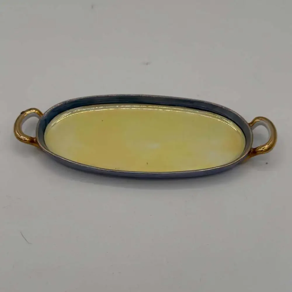 vintage-style ceramic small handled tray or dish vanity yellow blue luster ware